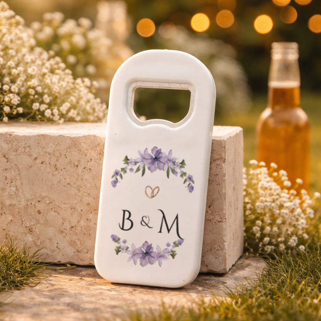 Mor Çiçekli Yüzük Detaylı Düğün Magnet Açacak | Romantik Tasarım