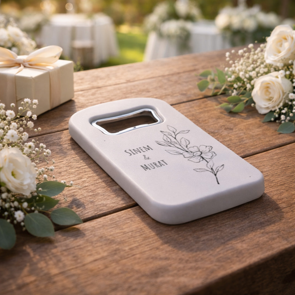 Minimal Çizim Çiçekli Düğün Magnet Açacak | Modern İsimli Tasarım