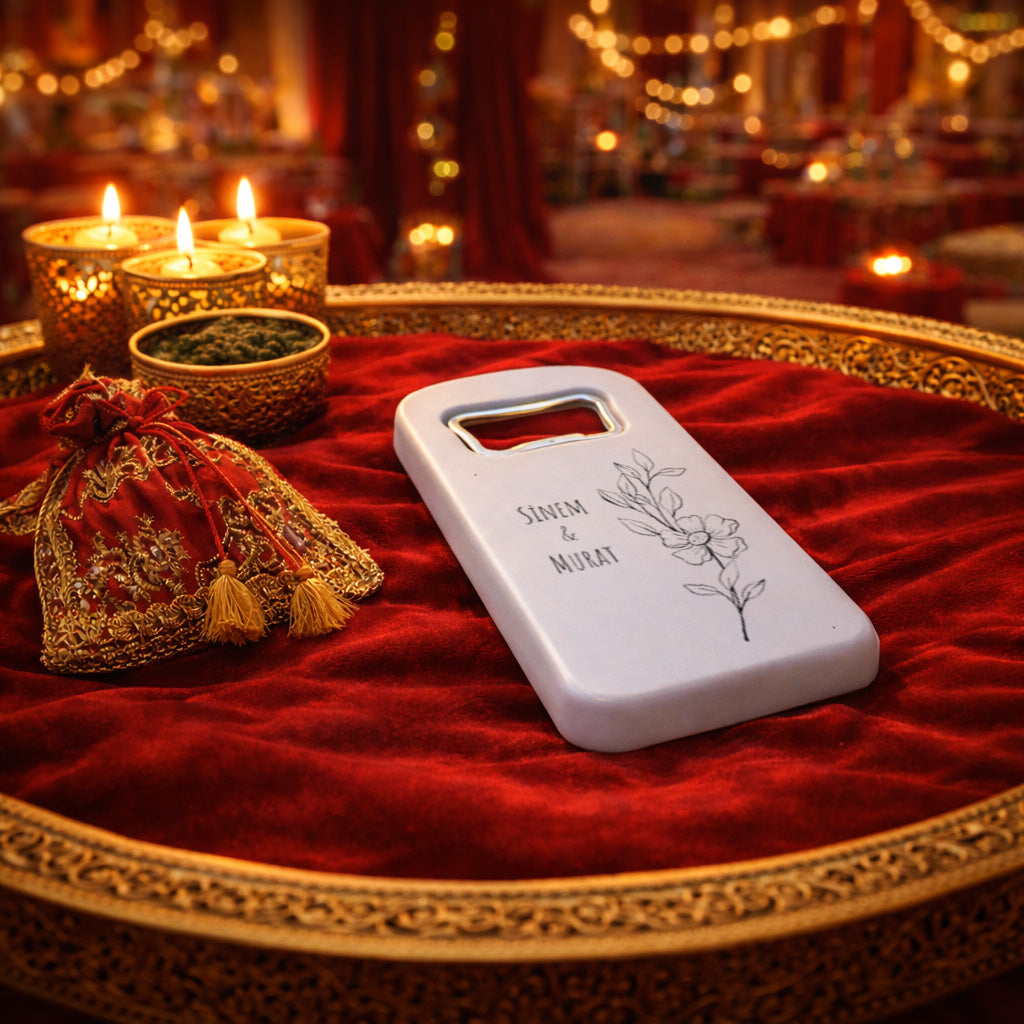 Minimal Çizim Çiçekli Düğün Magnet Açacak | Modern İsimli Tasarım