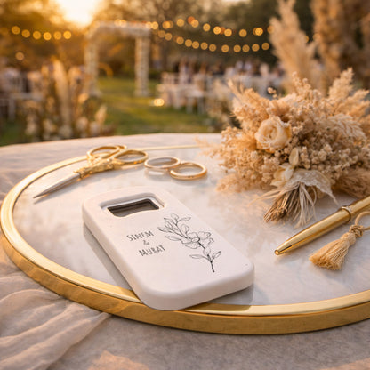 Minimal Çizim Çiçekli Düğün Magnet Açacak | Modern İsimli Tasarım