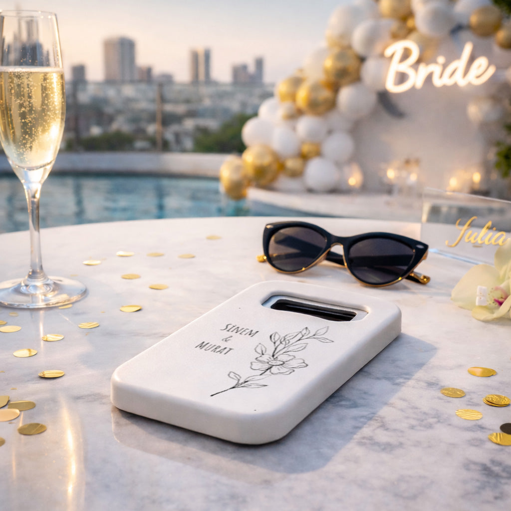 Minimal Çizim Çiçekli Düğün Magnet Açacak | Modern İsimli Tasarım