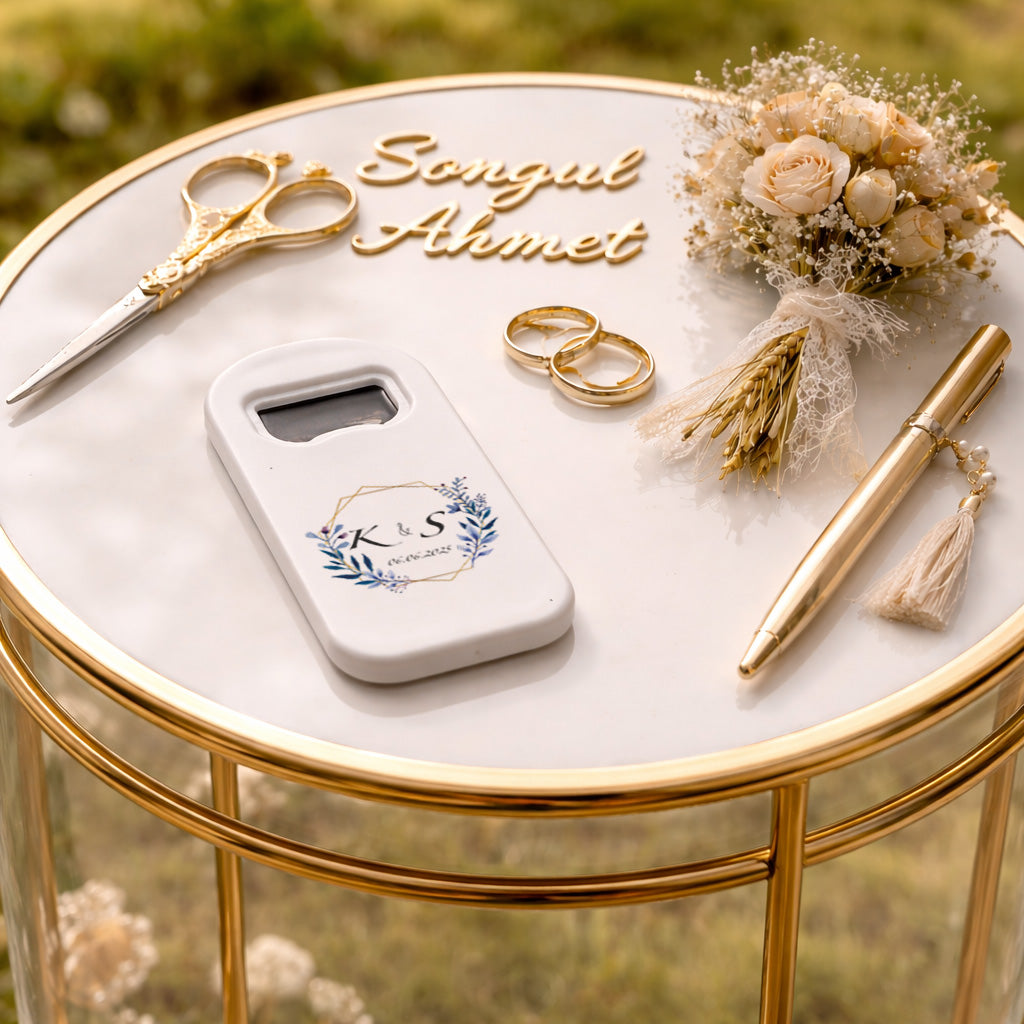 Monogram Düğün Magnet Açacak | Altın Çerçeveli Kişiye Özel Tasarım