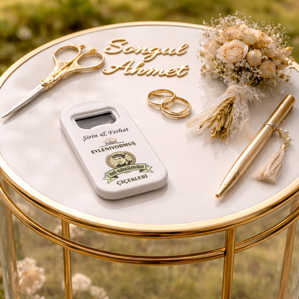 Nostaljik Yazılı Düğün Magnet Açacak | İki Gözümün Çiçekleri Tasarım