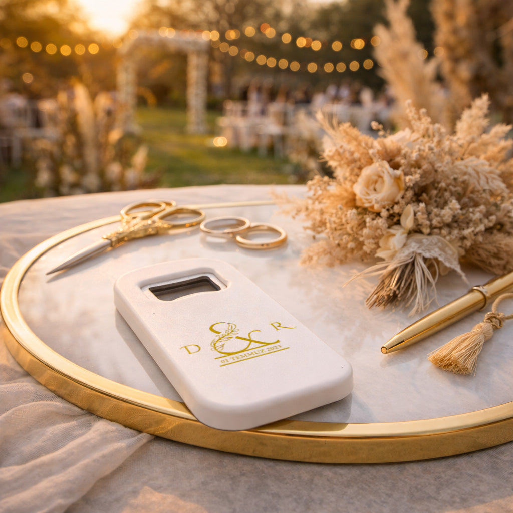 Altın Monogram Düğün Magnet Açacak | Kişiye Özel İsimli Tasarım