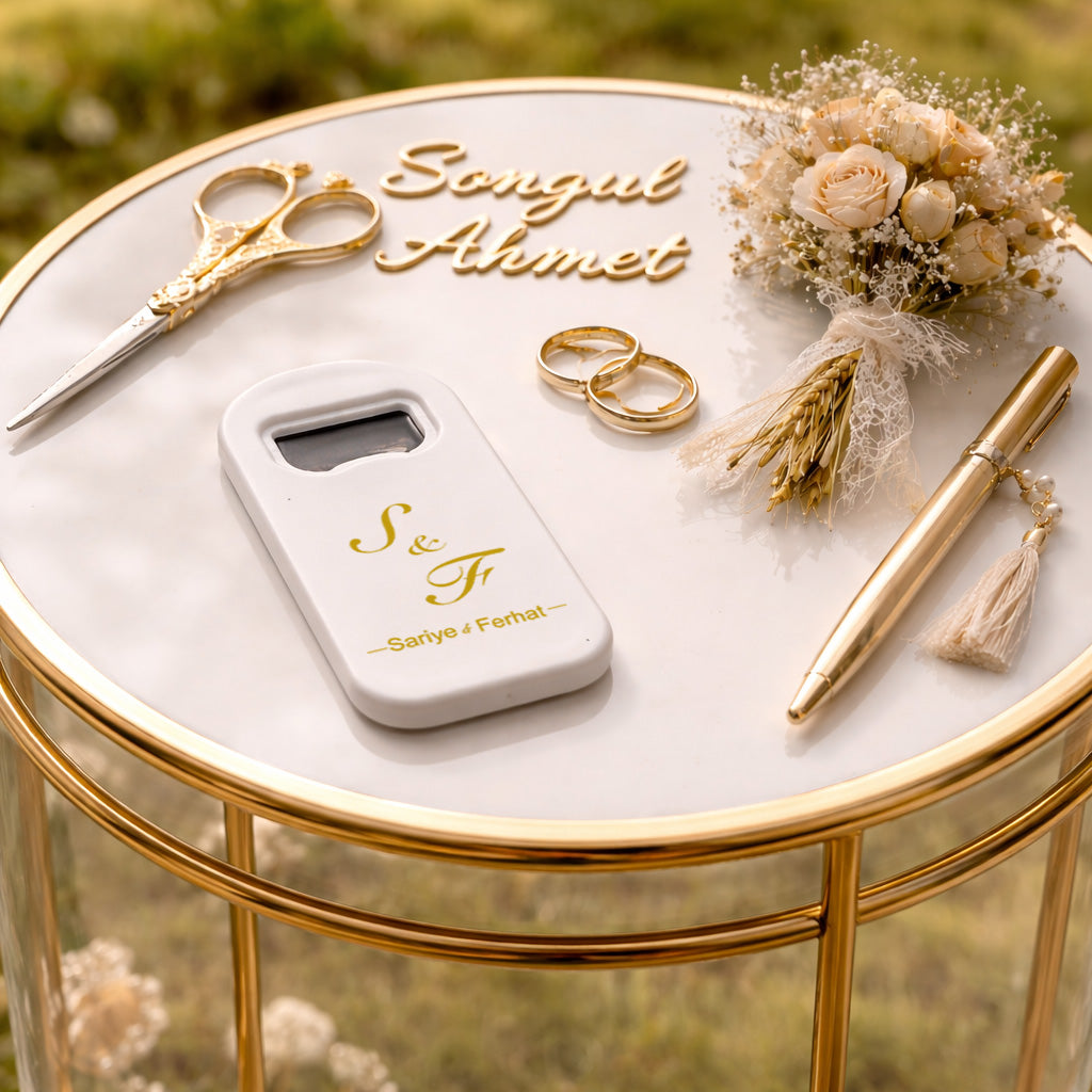 Minimal Altın Monogram Düğün Magnet Açacak | Kişiye Özel Tasarım