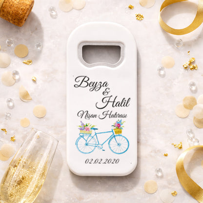 Bisiklet Temalı Nişan Magnet Açacak | Çiçekli Kişiye Özel Tasarım