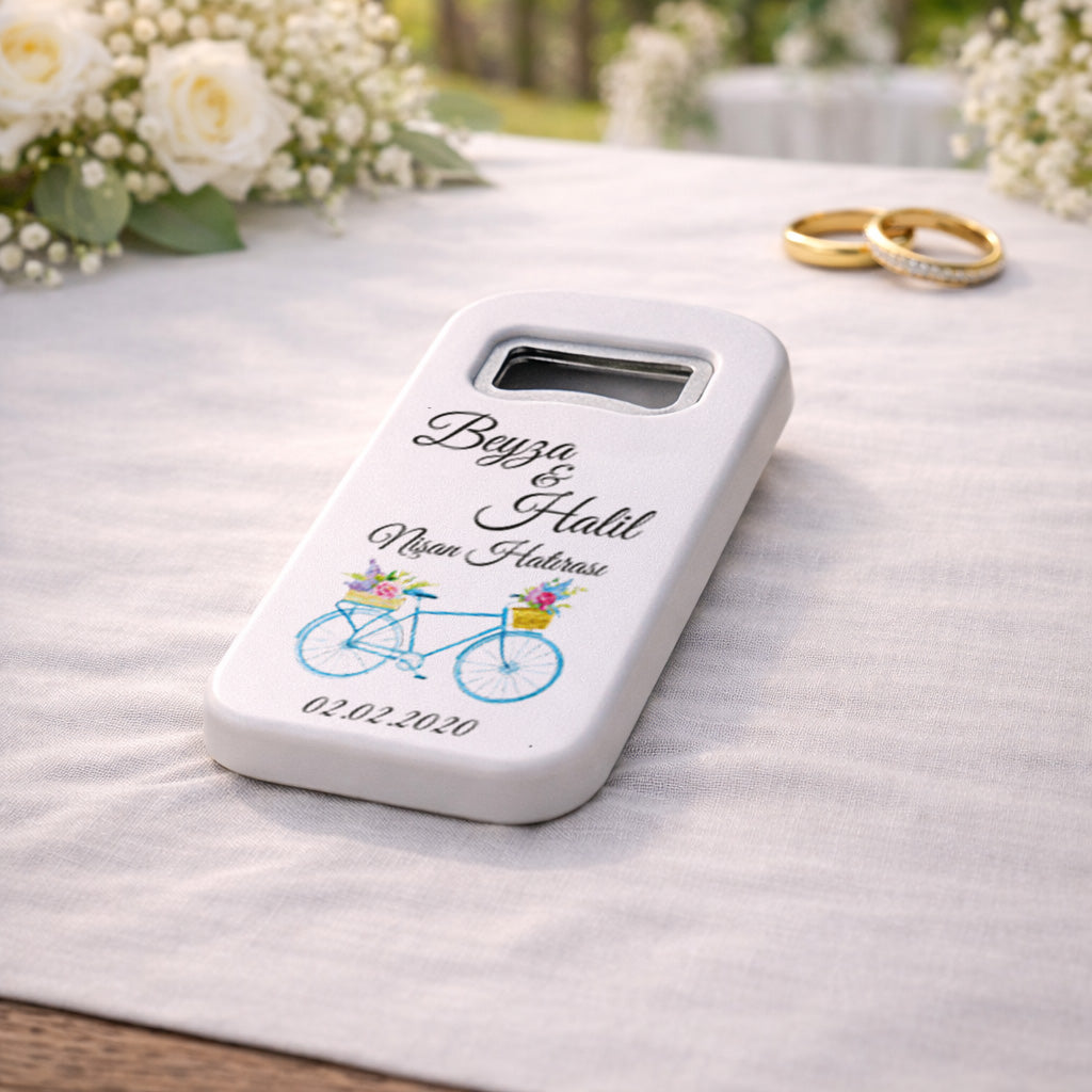 Bisiklet Temalı Nişan Magnet Açacak | Çiçekli Kişiye Özel Tasarım