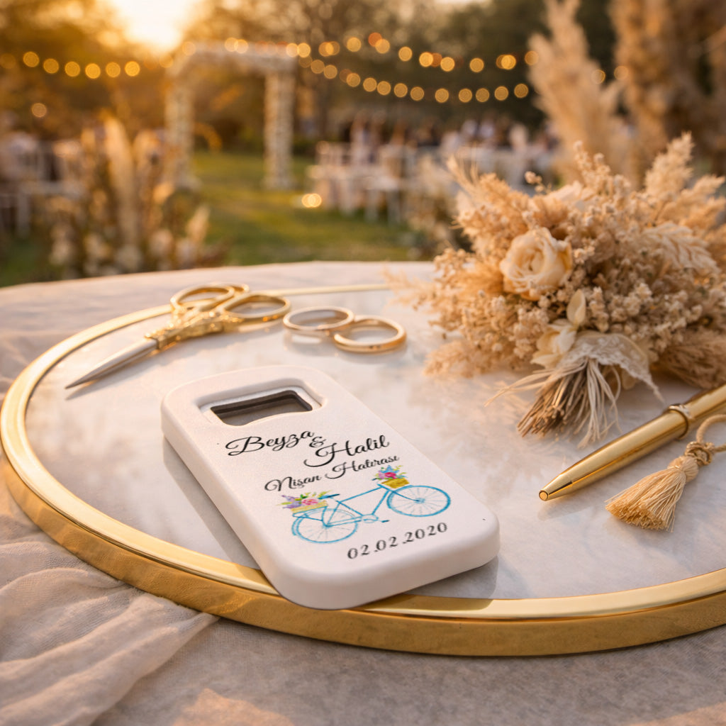 Bisiklet Temalı Nişan Magnet Açacak | Çiçekli Kişiye Özel Tasarım