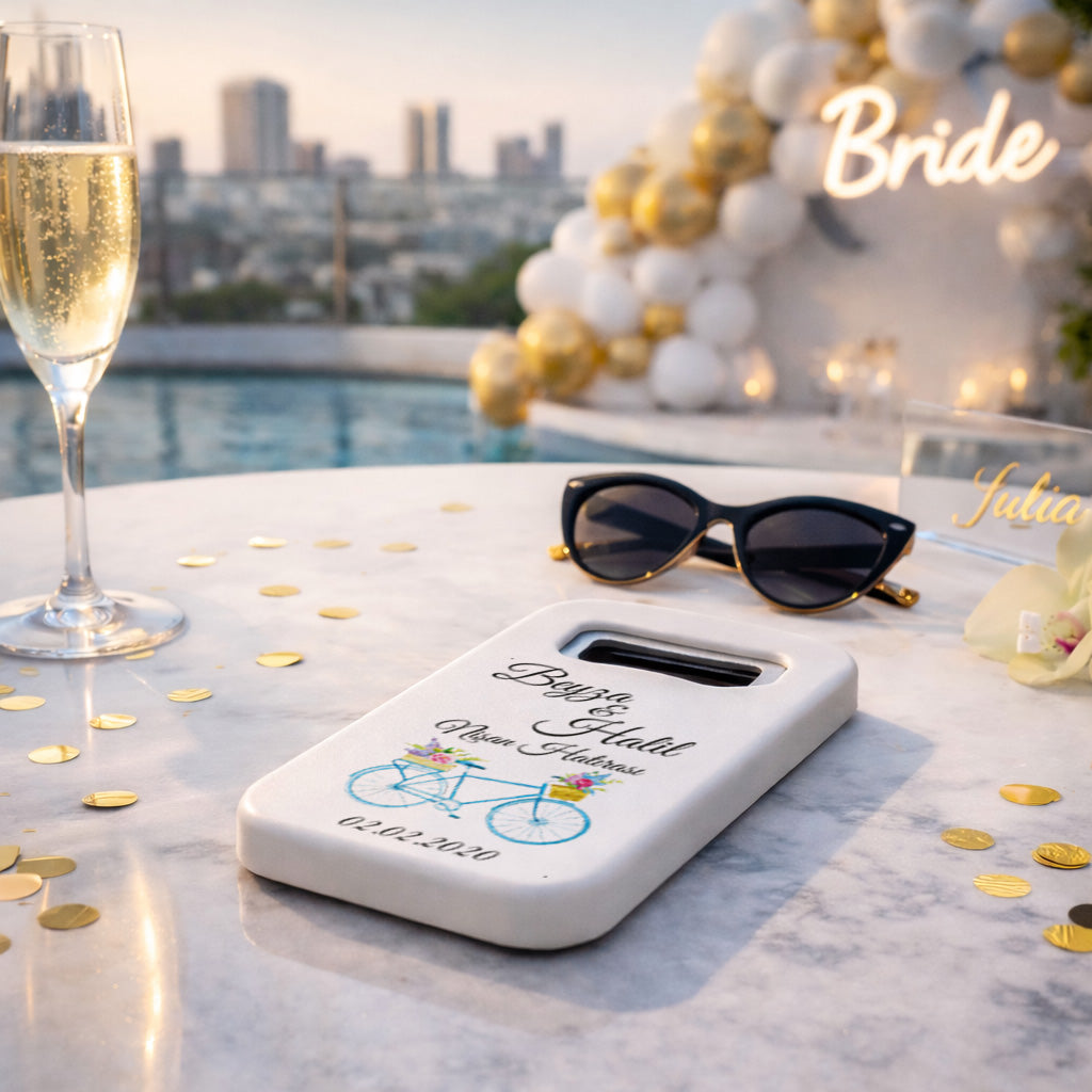 Bisiklet Temalı Nişan Magnet Açacak | Çiçekli Kişiye Özel Tasarım