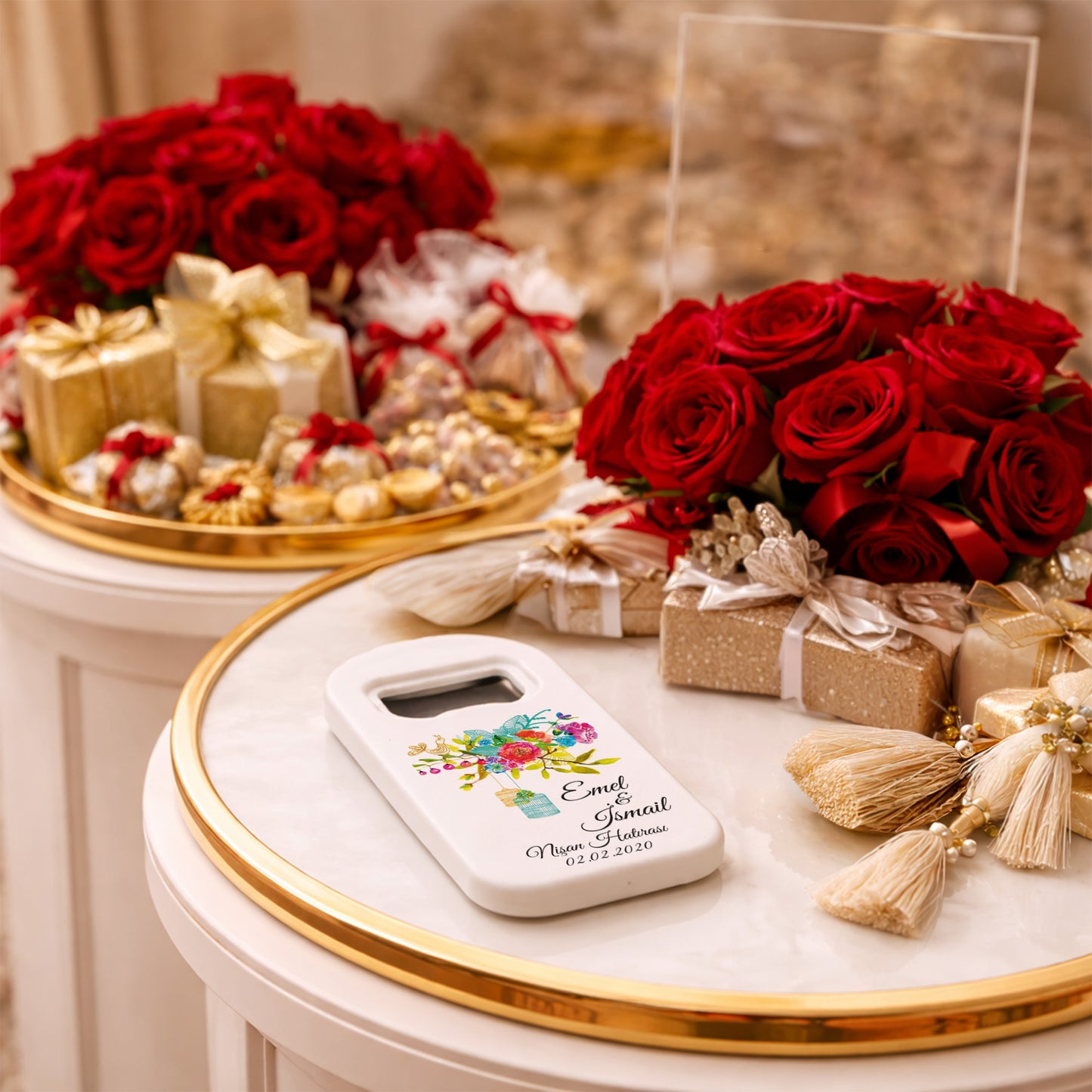 Bohem Çiçekli Nişan Magnet Açacak | Fener Detaylı Kişiye Özel Tasarım