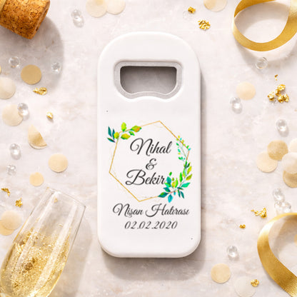 Minimal Yeşil Yapraklı Nişan Magnet Açacak | Altın Çerçeveli Kişiye Özel