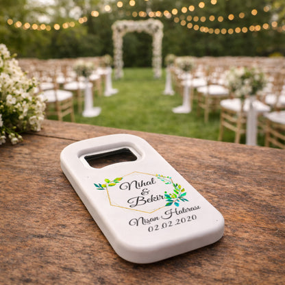 Minimal Yeşil Yapraklı Nişan Magnet Açacak | Altın Çerçeveli Kişiye Özel