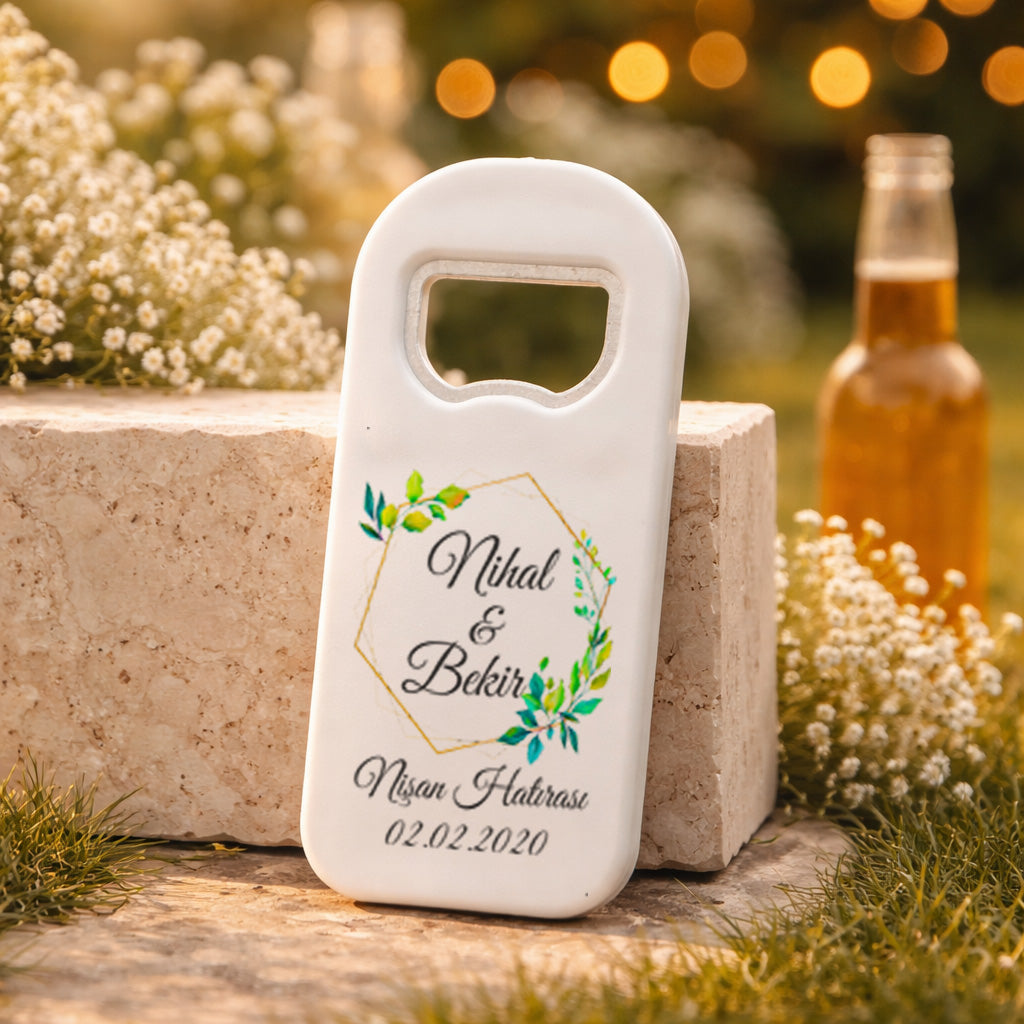 Minimal Yeşil Yapraklı Nişan Magnet Açacak | Altın Çerçeveli Kişiye Özel