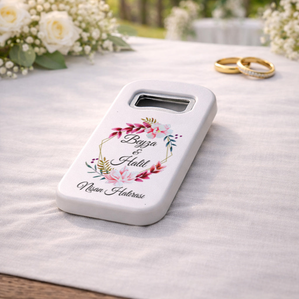 Pembe Çiçekli Nişan Magnet Açacak | Romantik Kişiye Özel Tasarım