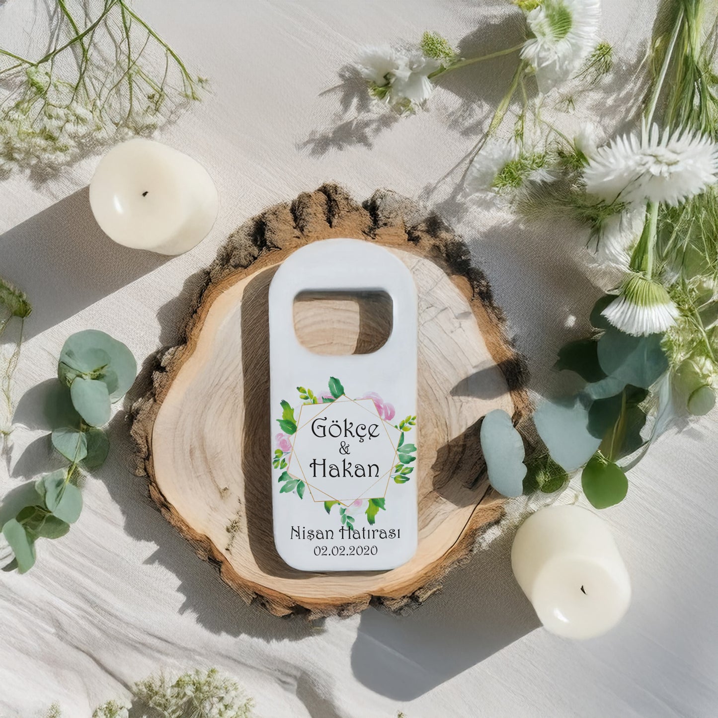 Yeşili Yapraklı Geometrik Çerçeve Tasarımlı – Kişiye Özel Plastik Açacak Magnet