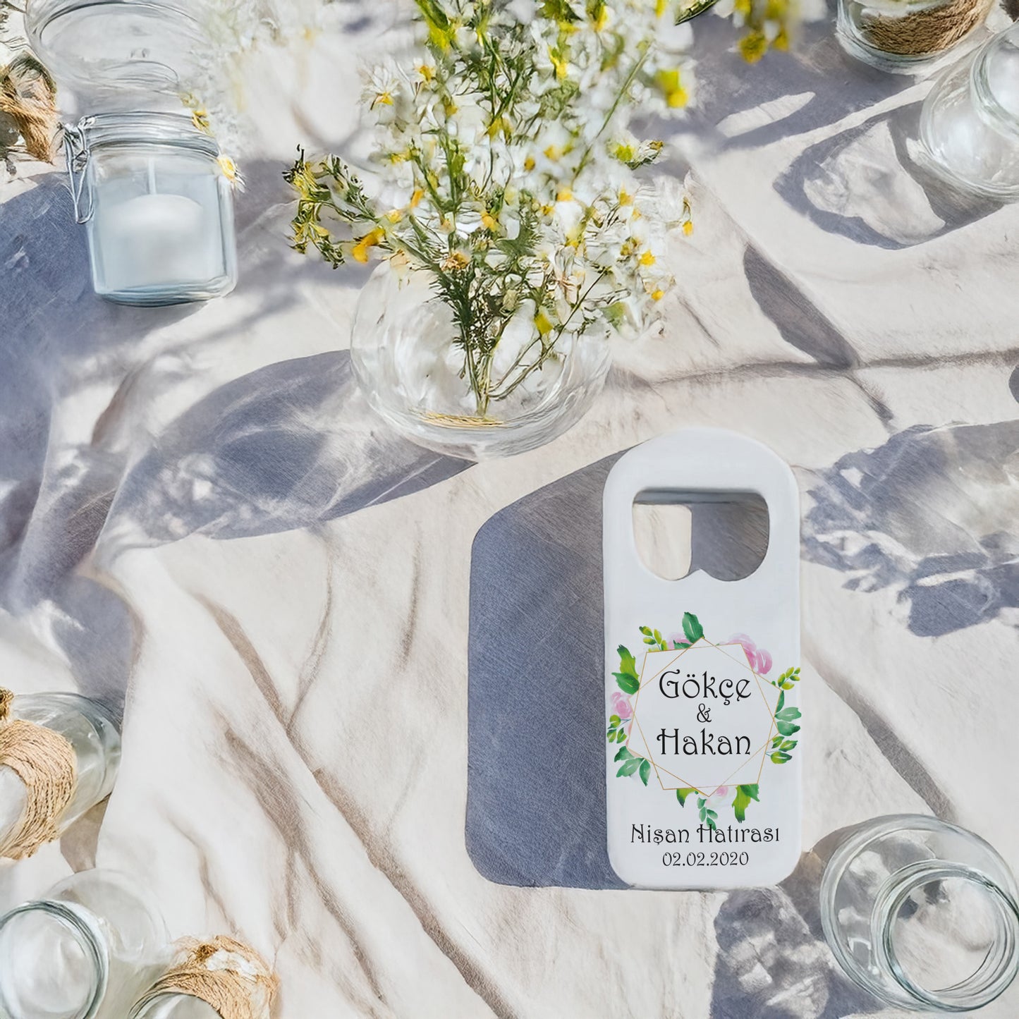 Yeşili Yapraklı Geometrik Çerçeve Tasarımlı – Kişiye Özel Plastik Açacak Magnet