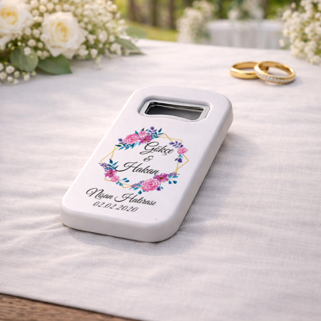 Pembe & Mor Çiçekli Nişan Magnet Açacak | Altın Çerçeveli Zarif Tasarım