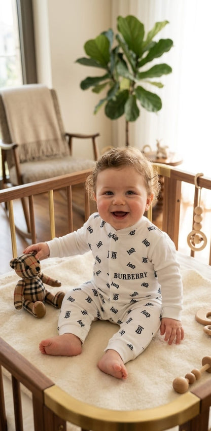 Bebelebi Bebek Tulumu 3-6-9 Ay Monogram Desenli Beyaz Bebek Tulum