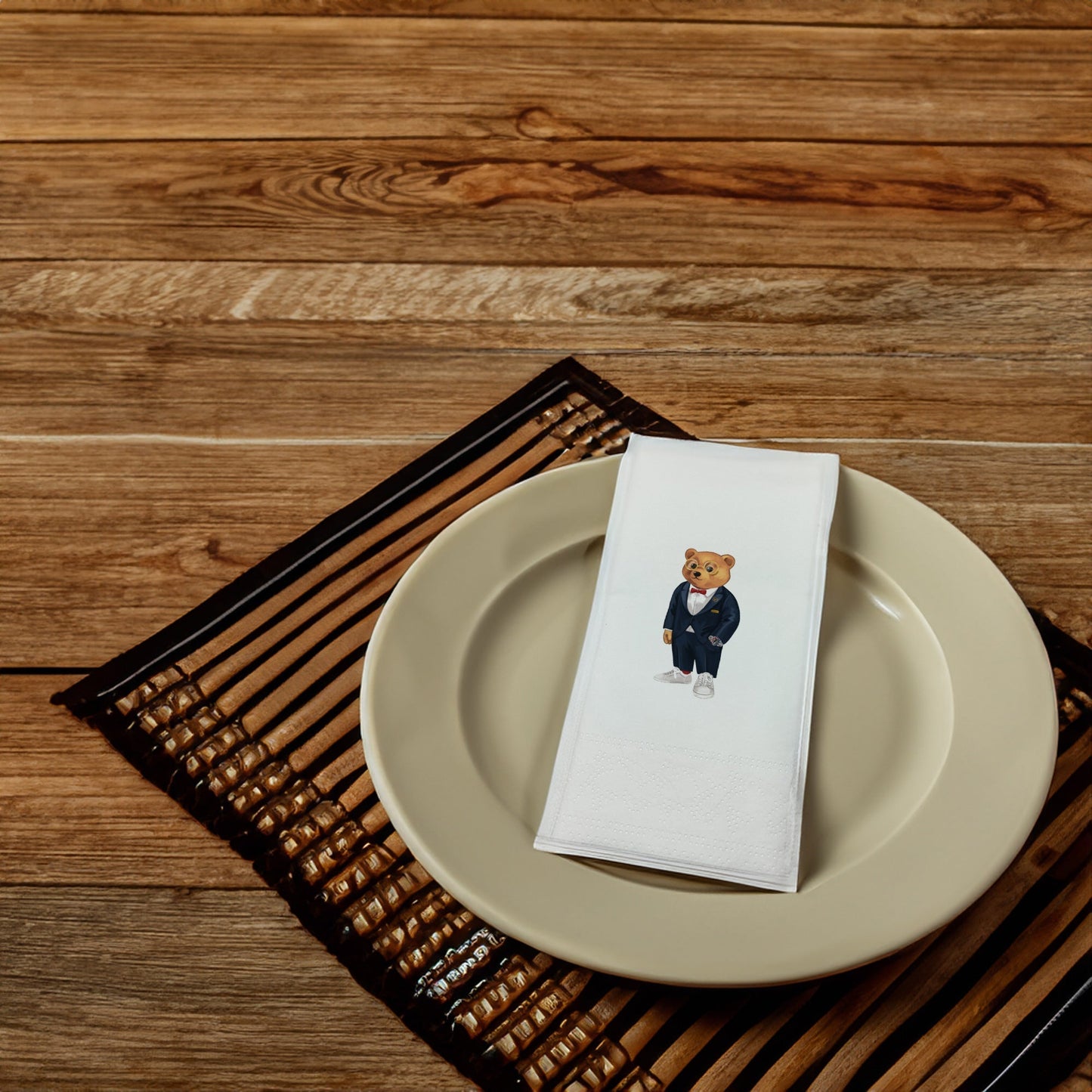 Takım Elbiseli Ayıcık Baskılı Kağıt Peçete 33x33 cm Solventsiz, İpeksi Dokulu – Kidzia