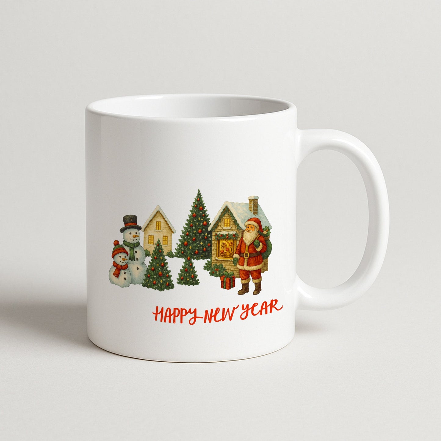 Happy New Year Temalı Kış Köyü Desenli Hediyelik Baskılı Kupa