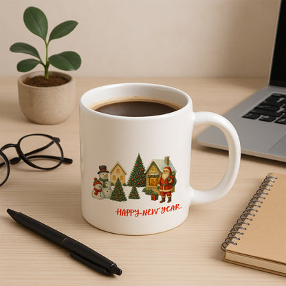 Happy New Year Temalı Kış Köyü Desenli Hediyelik Baskılı Kupa