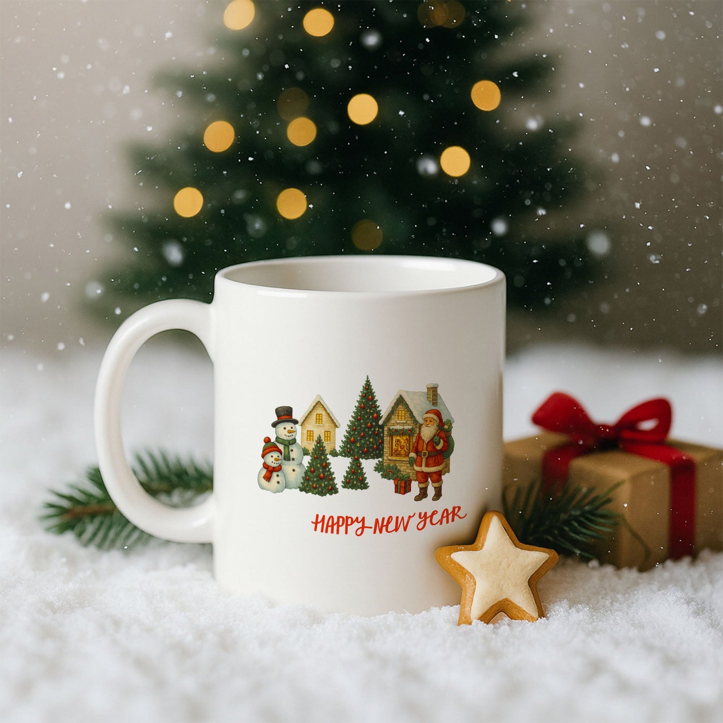 Happy New Year Temalı Kış Köyü Desenli Hediyelik Baskılı Kupa