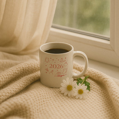 2026 Minimal Yılbaşı İkonları Temalı Hediyelik Baskılı Kupa