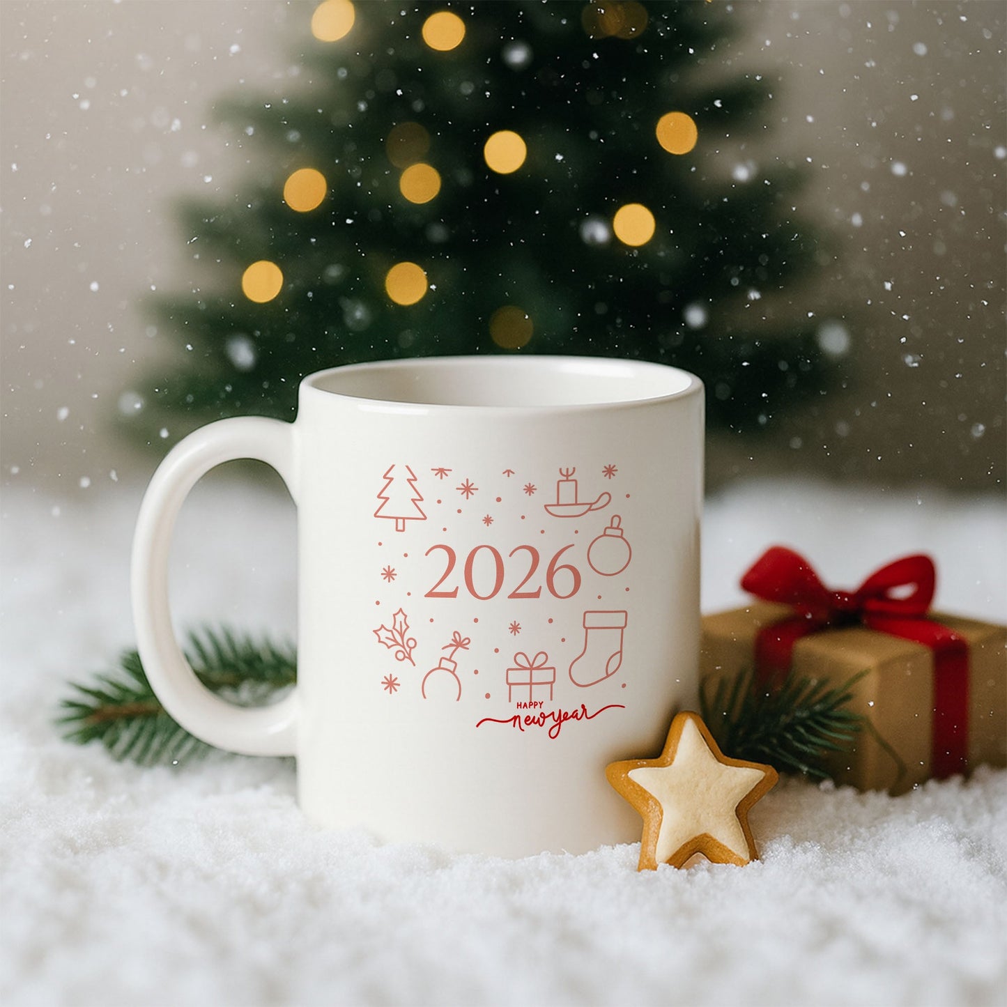 2026 Minimal Yılbaşı İkonları Temalı Hediyelik Baskılı Kupa