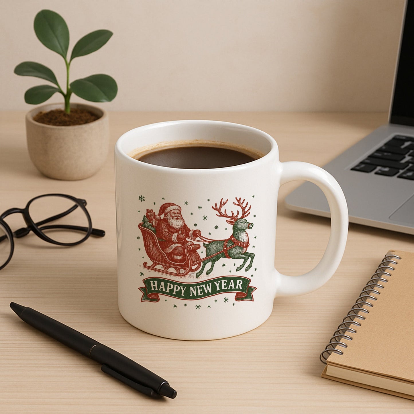 Vintage Noel Baba ve Geyik Temalı Hediyelik Baskılı Kupa