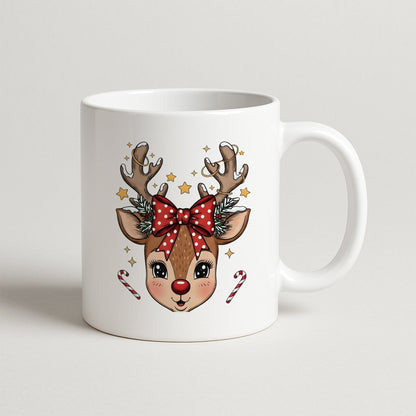 Fiyonk Detaylı Geyik Yüzü Tasarımlı Yılbaşı Baskılı Kupa