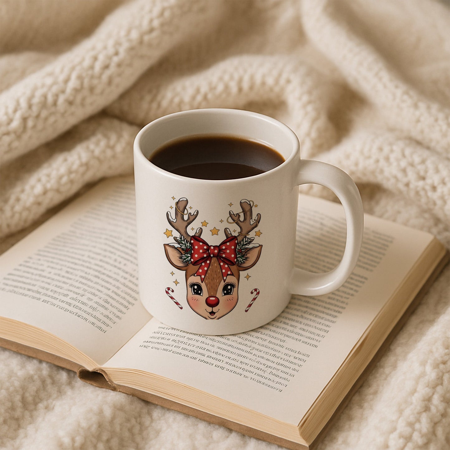 Fiyonk Detaylı Geyik Yüzü Tasarımlı Yılbaşı Baskılı Kupa