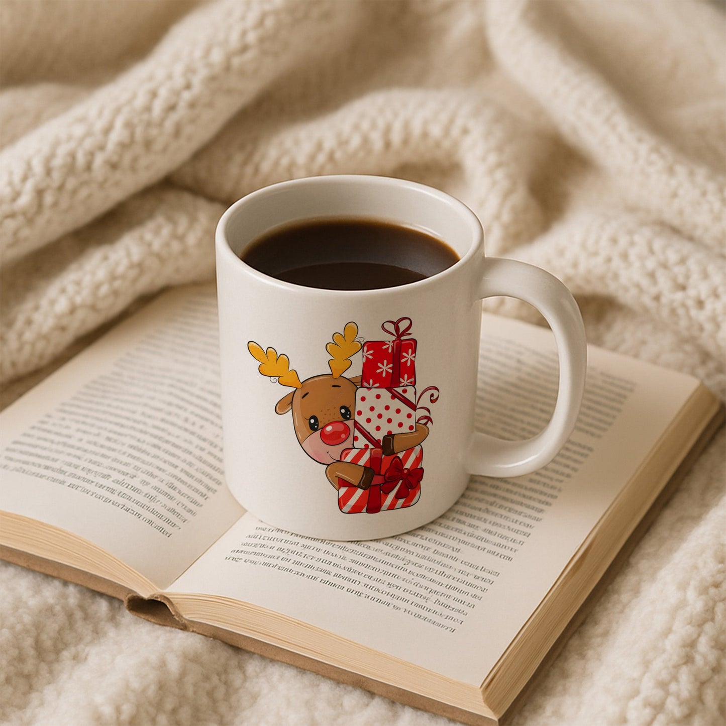 Hediye Kutulu Geyik Figürlü Yılbaşı Baskılı Kupa