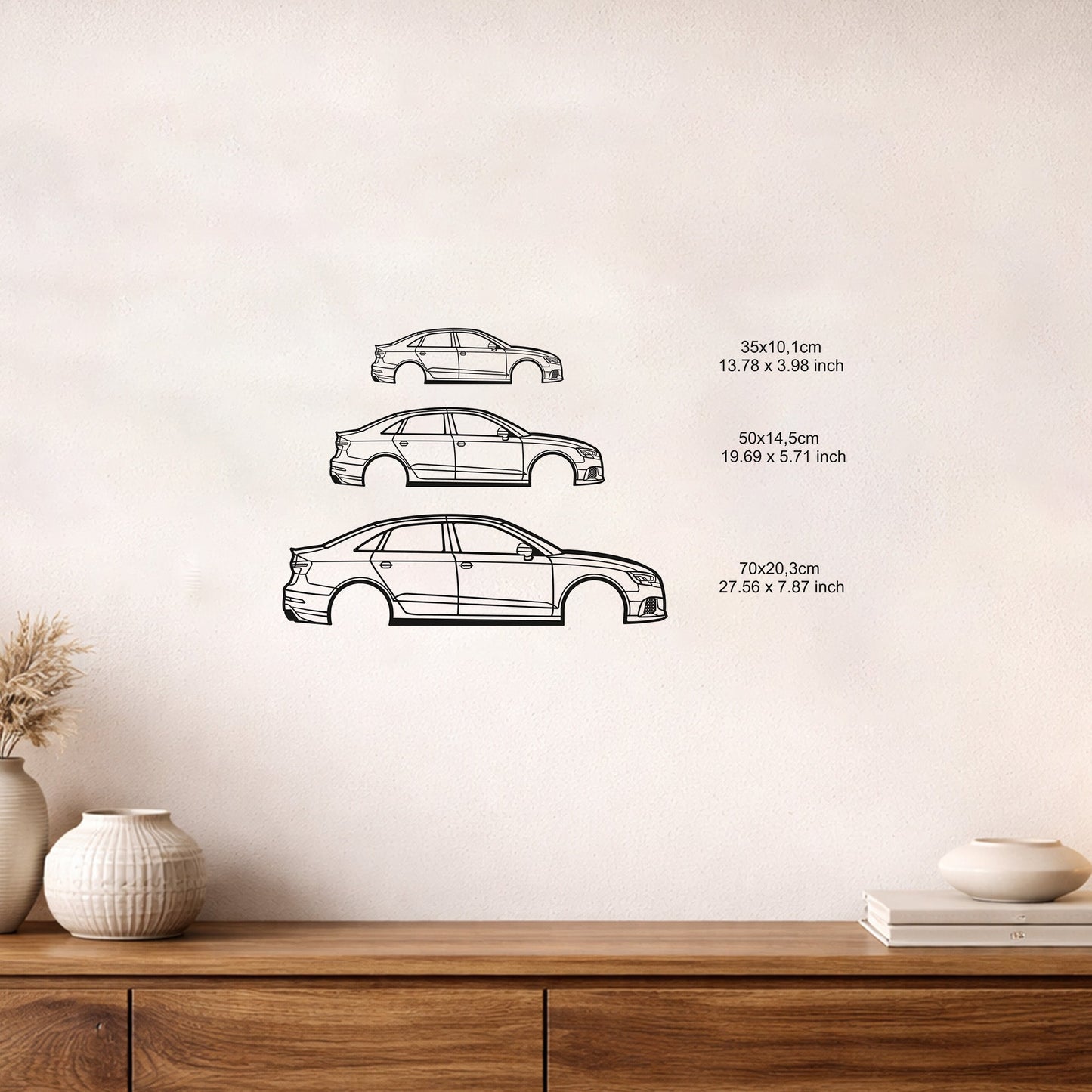 Audi RS3 Metal Duvar Tablosu – Elektrostatik Siyah Boyalı Performans Otomobil Dekoru