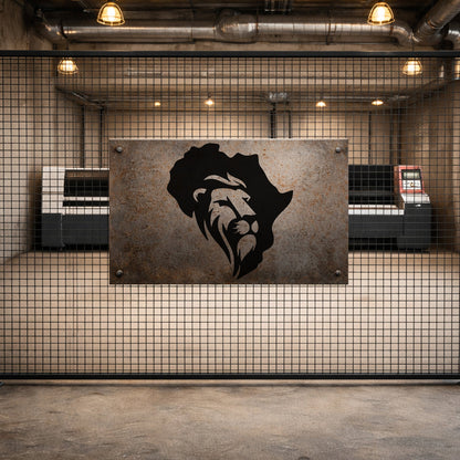 Afrika Haritası Aslan Figürlü Metal Duvar Tablosu - Vahşi Doğa Temalı Dekor