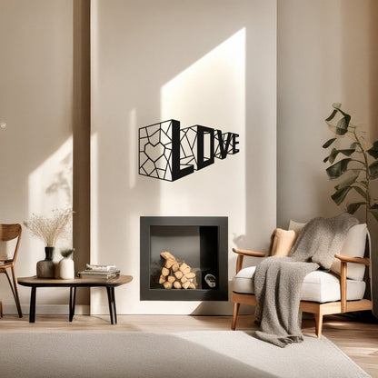 Love Geometrik Kalp Metal Duvar Tablosu - Modern Tipografi Sanatı