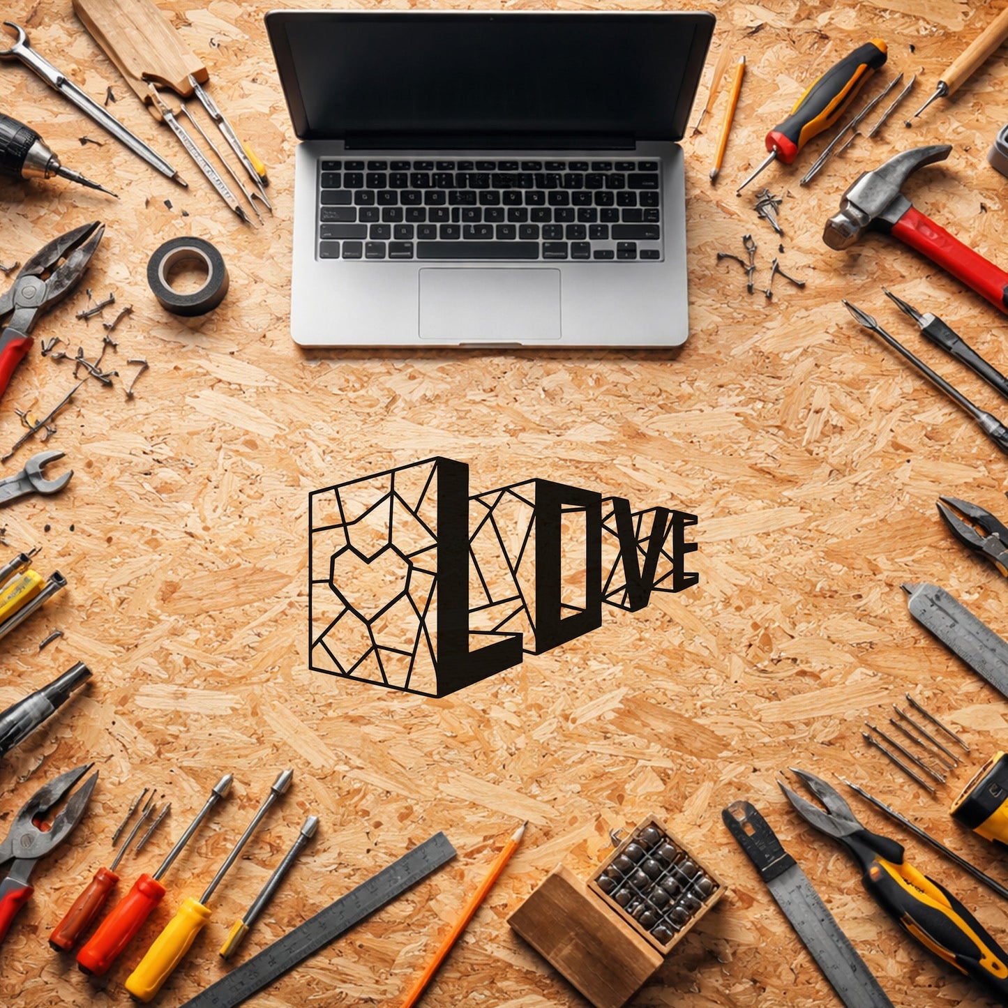 Love Geometrik Kalp Metal Duvar Tablosu - Modern Tipografi Sanatı