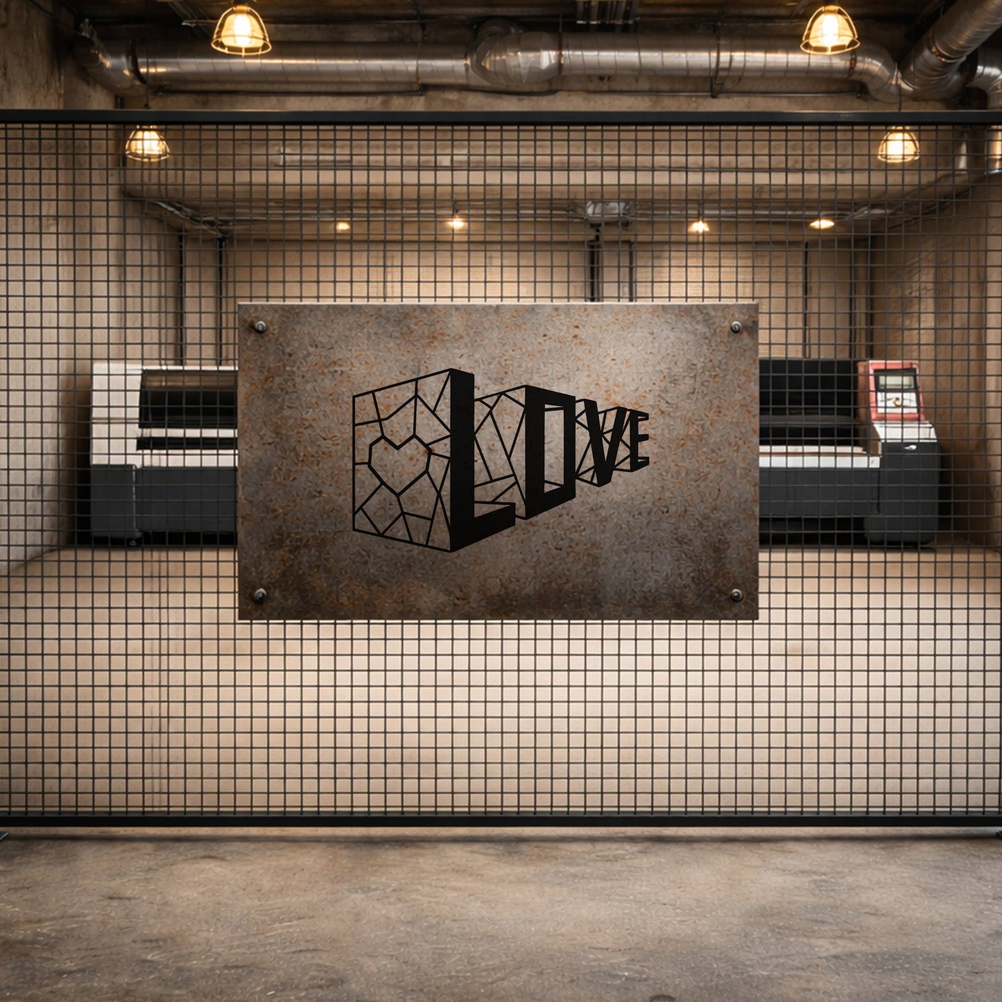 Love Geometrik Kalp Metal Duvar Tablosu - Modern Tipografi Sanatı