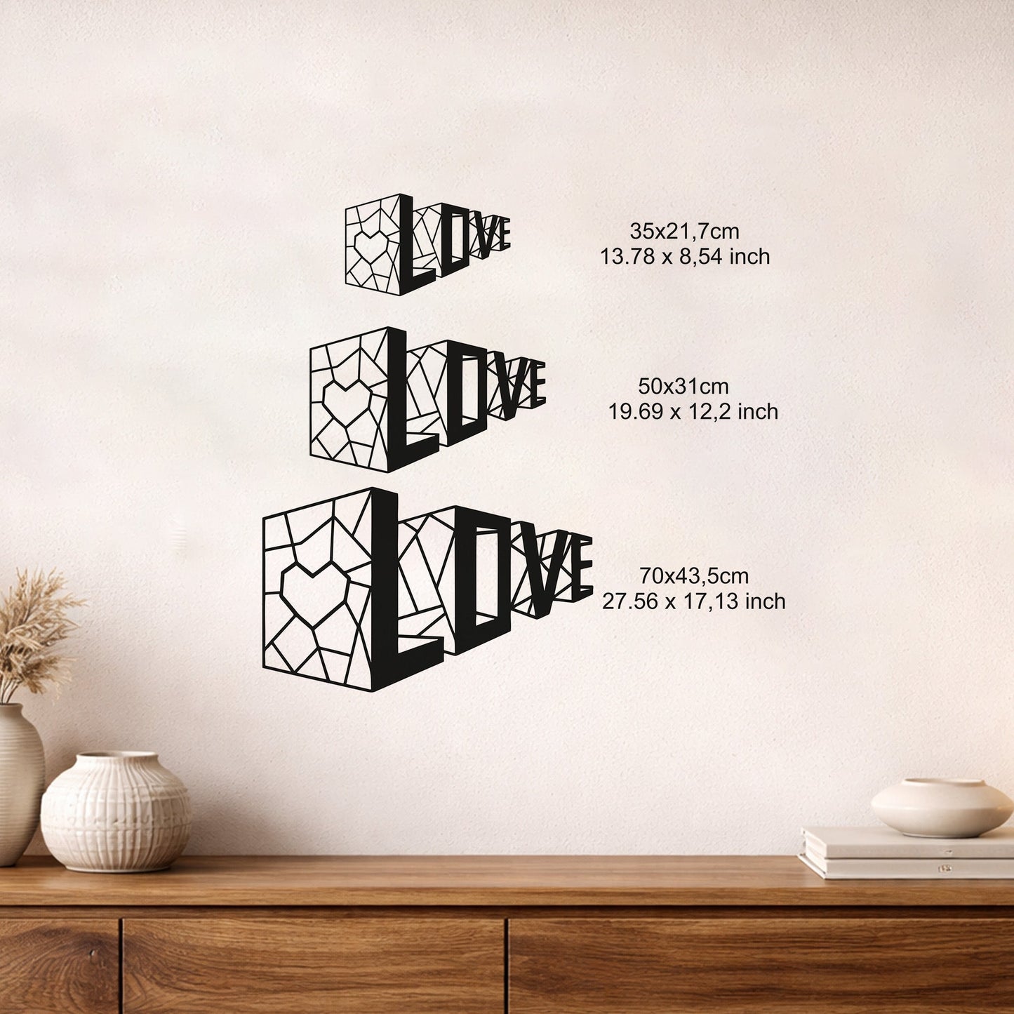 Love Geometrik Kalp Metal Duvar Tablosu - Modern Tipografi Sanatı