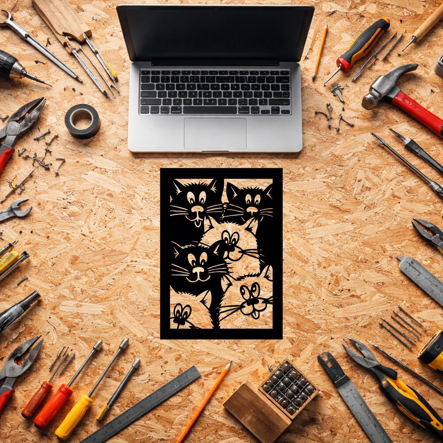 Eğlenceli Kedi Grupları Desenli Siyah Metal Duvar Tablosu