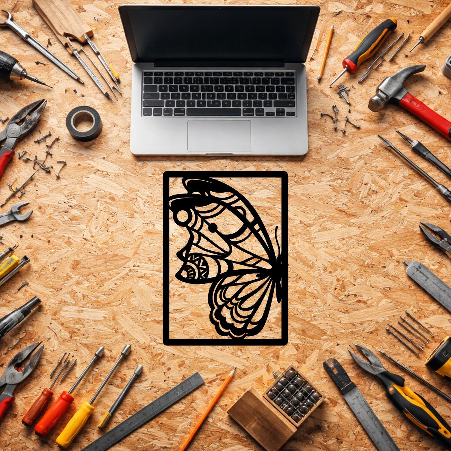 Dekoratif Desenli Kanatlı Kelebek Siyah Metal Duvar Tablosu