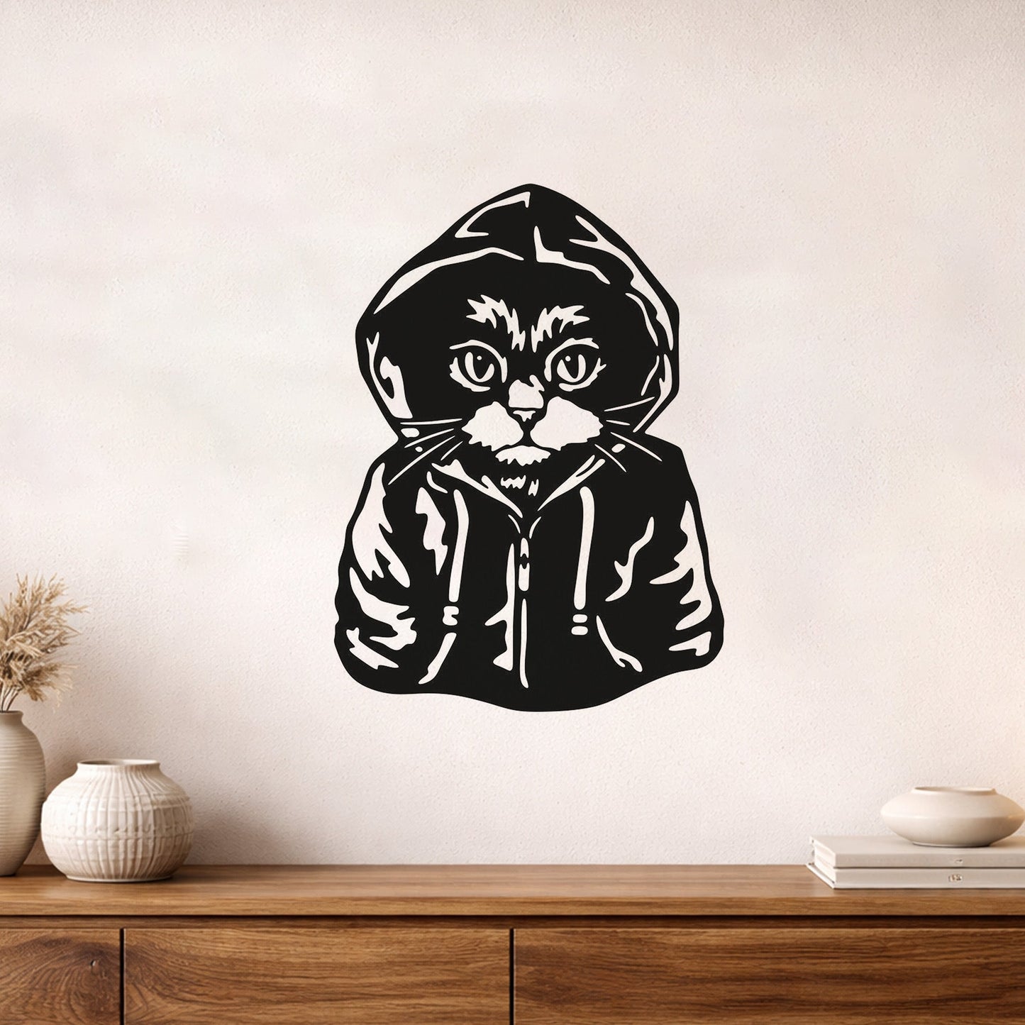 Hoodie Giyen Asi Kedi Figürlü Siyah Metal Duvar Tablosu