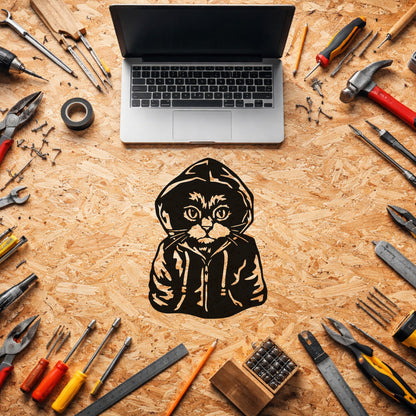 Hoodie Giyen Asi Kedi Figürlü Siyah Metal Duvar Tablosu