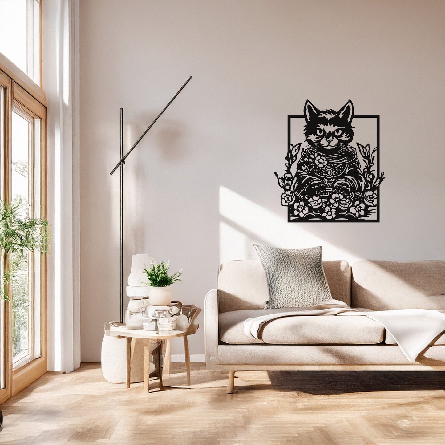 Çiçekli Kedi Figürlü Sanatsal Siyah Metal Duvar Tablosu