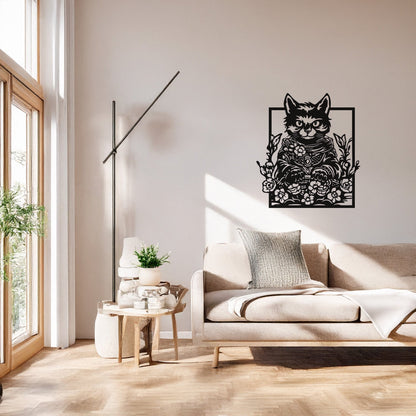 Çiçekli Kedi Figürlü Sanatsal Siyah Metal Duvar Tablosu