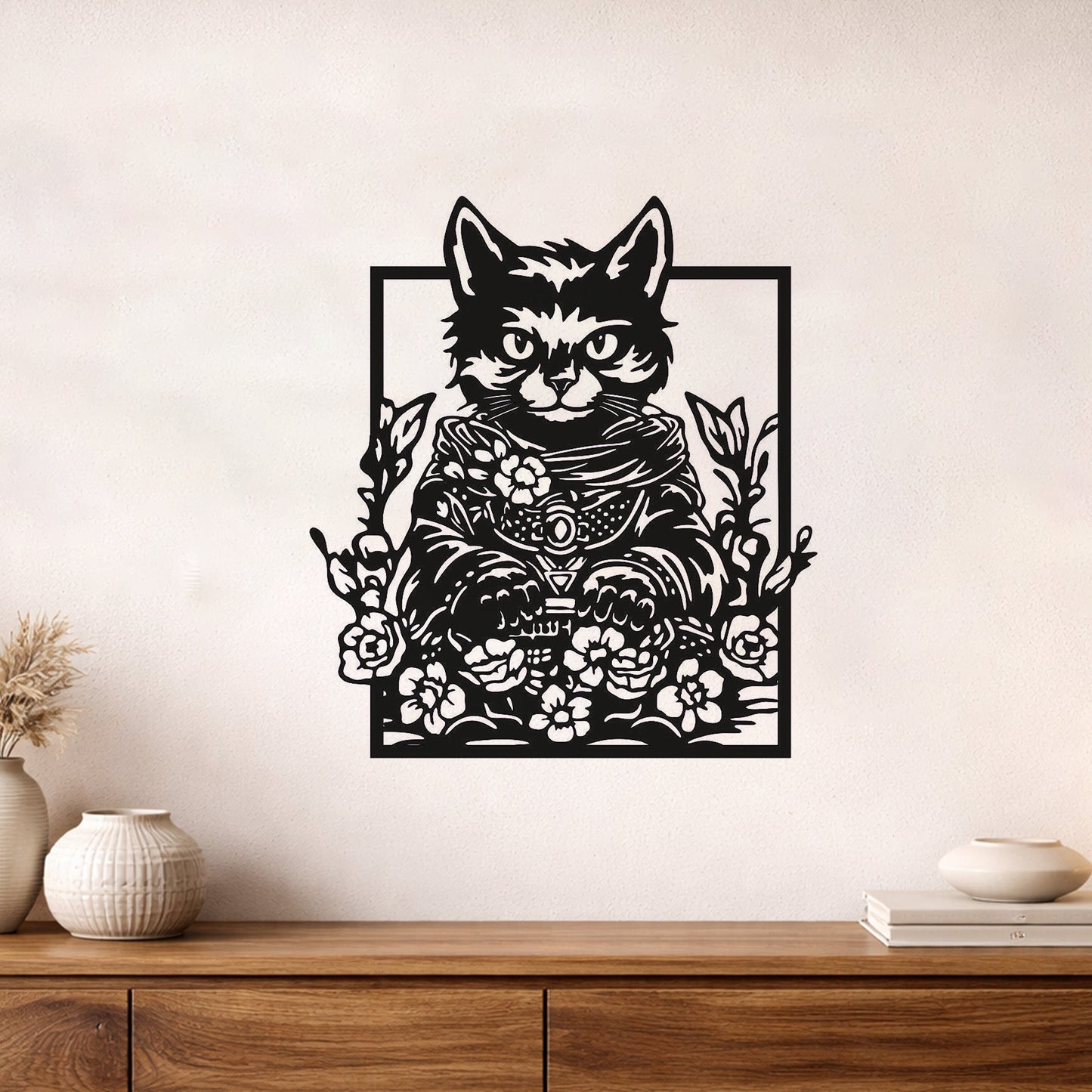 Çiçekli Kedi Figürlü Sanatsal Siyah Metal Duvar Tablosu