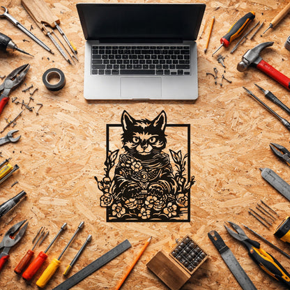 Çiçekli Kedi Figürlü Sanatsal Siyah Metal Duvar Tablosu