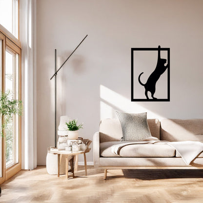 Siyah Metal Çerçevede Tırmanan Kedi Duvar Tablosu Modern Tasarım