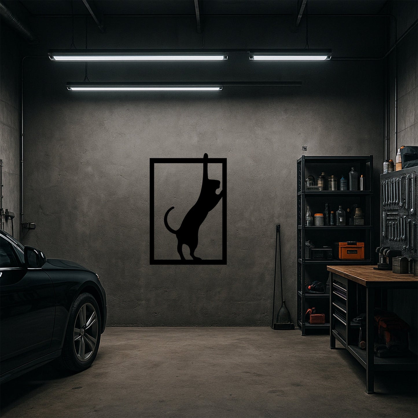 Siyah Metal Çerçevede Tırmanan Kedi Duvar Tablosu Modern Tasarım