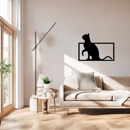 Çerçeveden Çıkan Kedi Silüeti Siyah Metal Duvar Tablosu