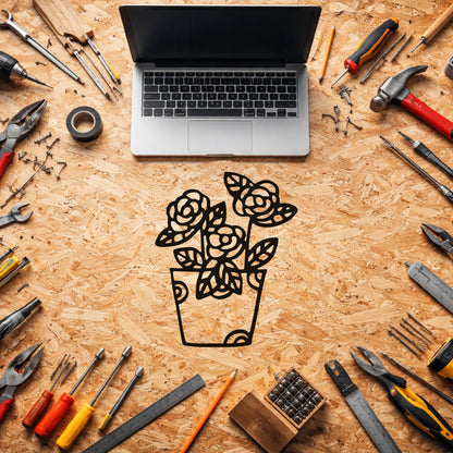 Gül Demeti ve Desenli Saksı Tasarımlı Metal Tablo
